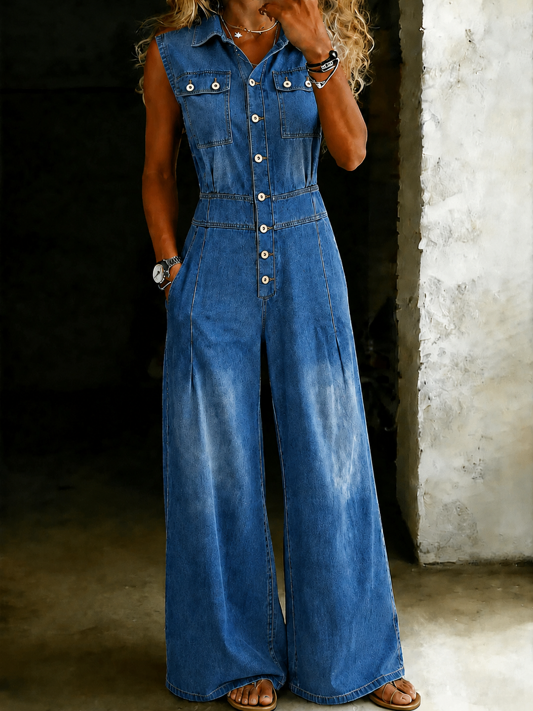Stella - Cinched Waist Wide Leg Denim Jumpsuit