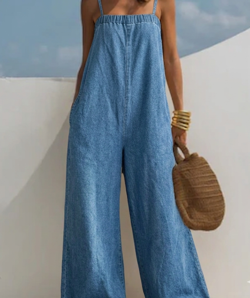 Madison - Jumpsuit Van Denim Met Wijde Pijpen