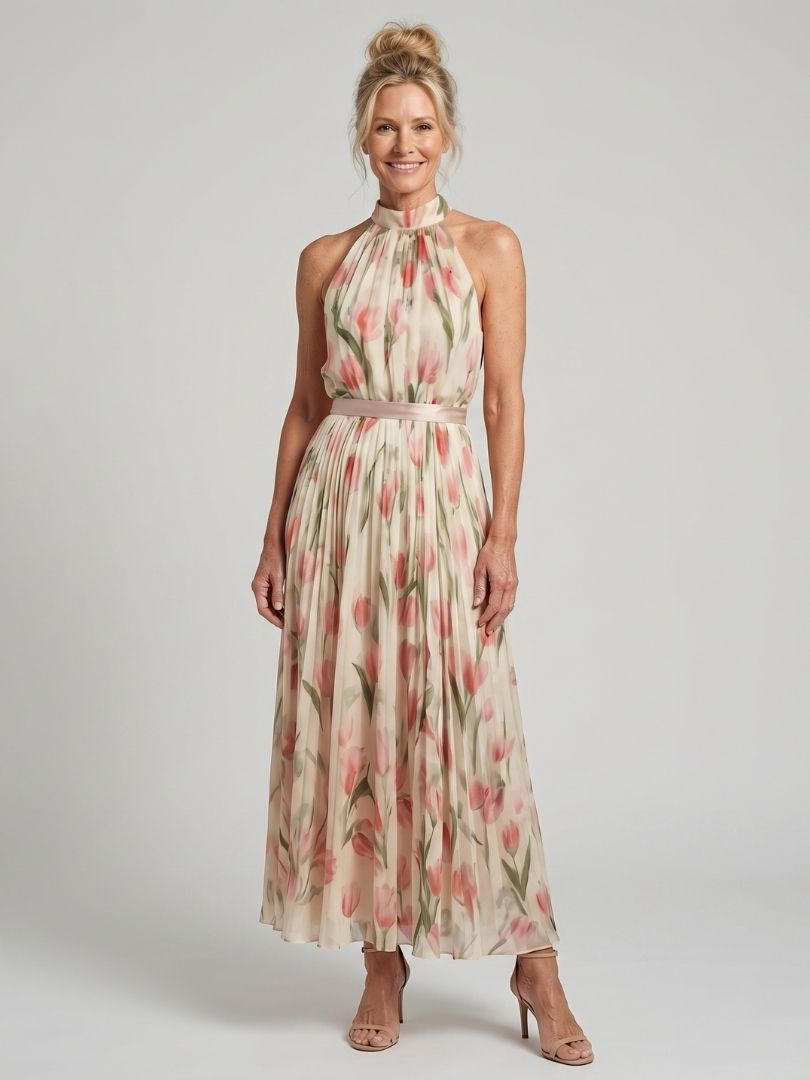 Aurelle - Halterjurk met Bloemen in Midi-lengte