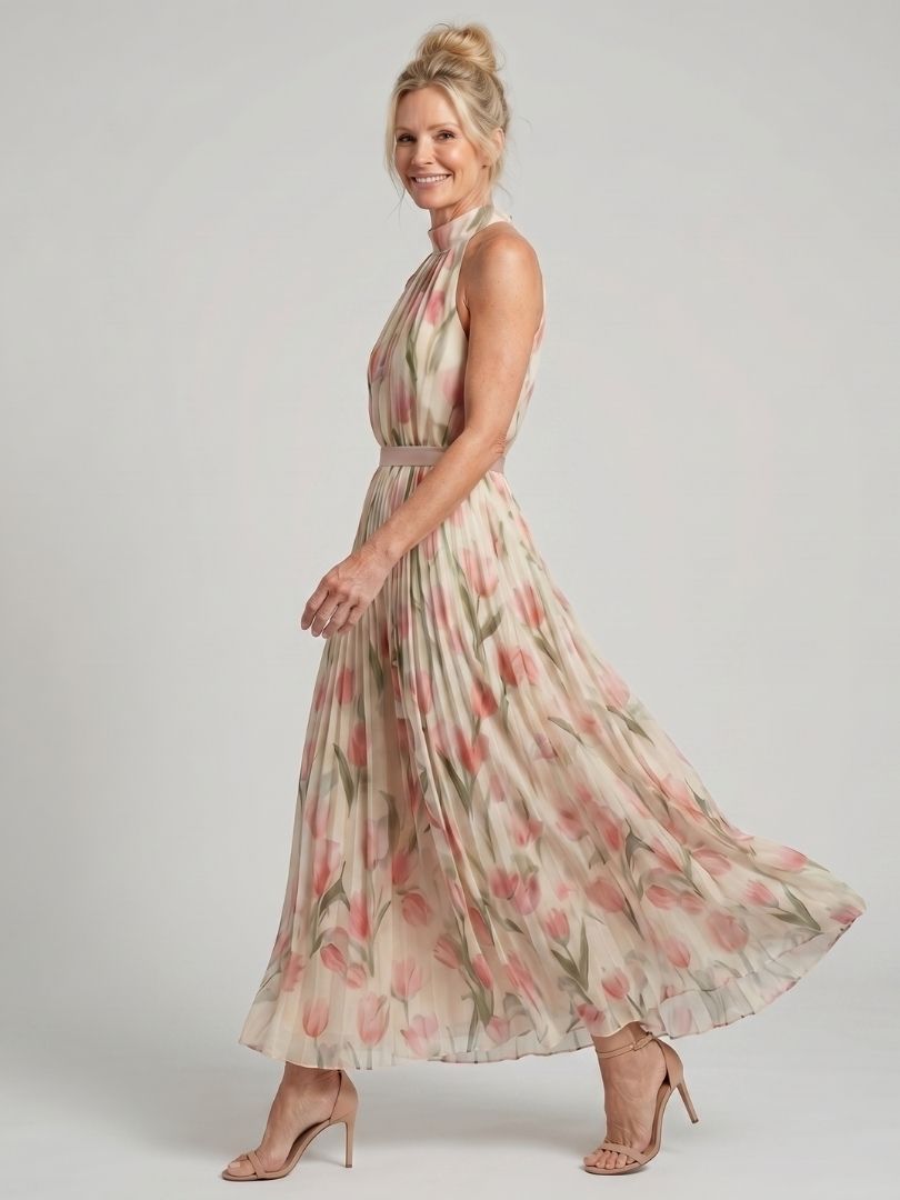 Aurelle - Halterjurk met Bloemen in Midi-lengte