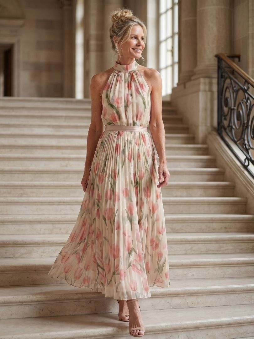 Aurelle - Halterjurk met Bloemen in Midi-lengte
