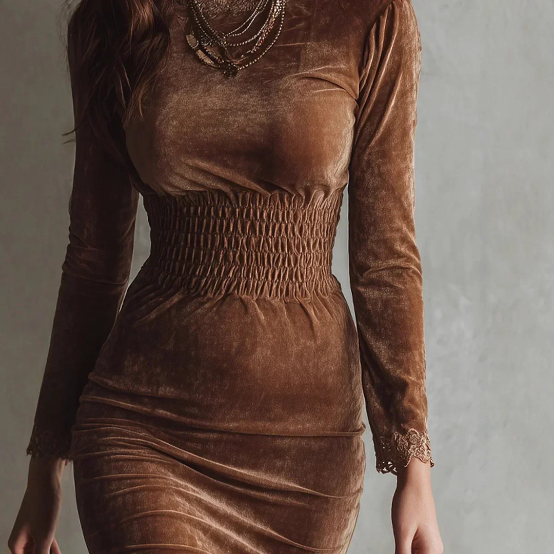 YARA - VELVET JURK MET GESMOKTE TAILLE