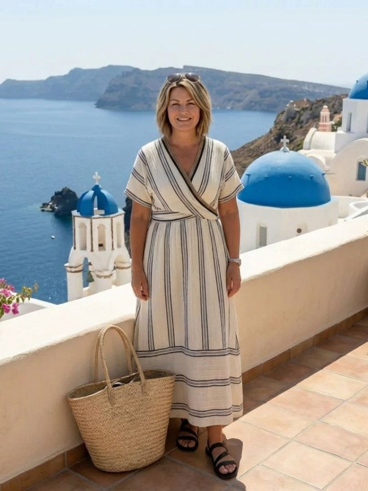 Thalassa - V-hals Korte Mouw Wikkel Taille Midi Jurk