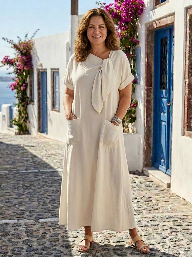 Elowyn - Ronde Hals Korte Mouw Pocket Maxi Jurk