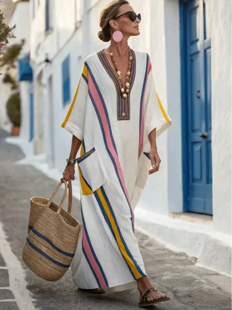Noemi - V-hals Maxi-jurk met Halve Mouwen en Zak