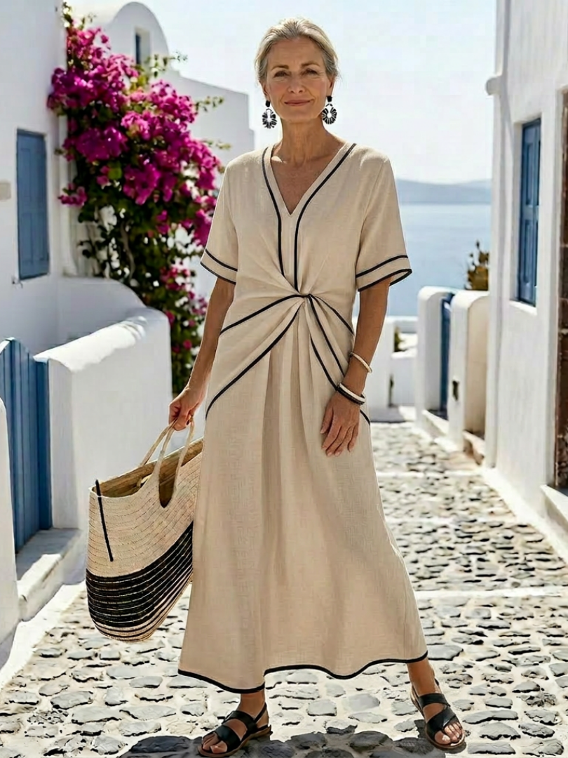 Linnea - V-Hals Korte Mouw Gathered Taille Midi Jurk