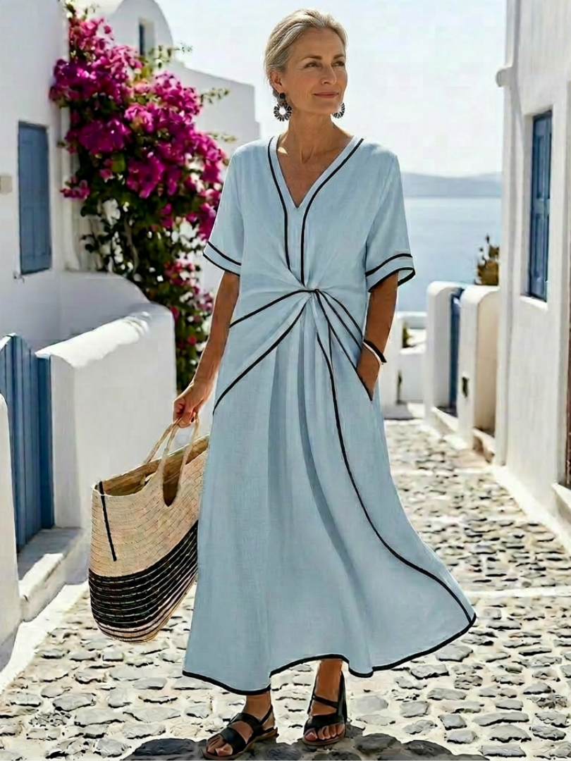 Linnea - V-Hals Korte Mouw Gathered Taille Midi Jurk
