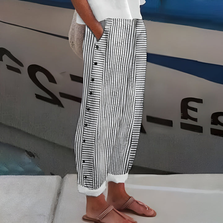 ELENA - Lichte Zomerbroek met Dunne Strepen en Zijknopen voor Casual Chic Stijl