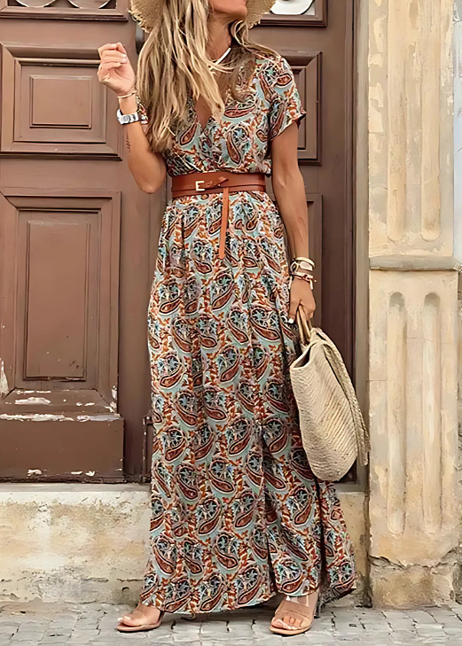 JADE - LANGE BOHEMIAAN KLEED MET GEROEPTE TAILLE
