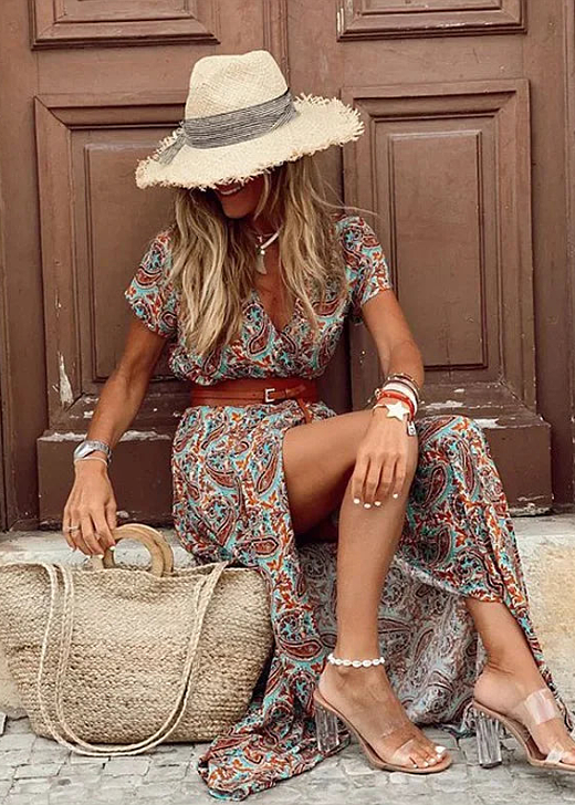 JADE - LANGE BOHEMIAAN KLEED MET GEROEPTE TAILLE