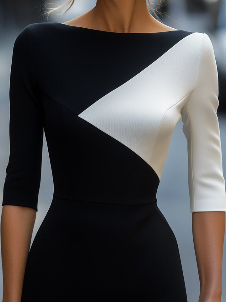 OLIVE - ELEGANTE BICOLORE JURK MET ASYMMETRISCHE SNIT
